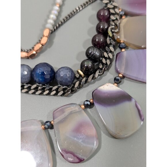 Nakamol Stone Beaded Statement Necklace Boho Layered Bib Gray Chain 18 in - Picture 3 of 9